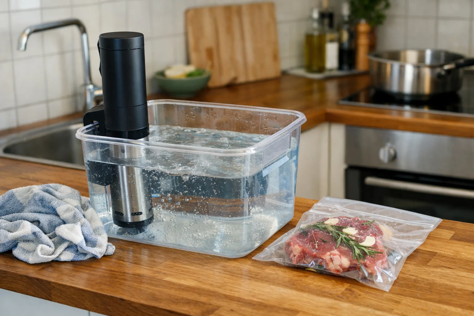 Sous vide-stav vid ett vattenbad