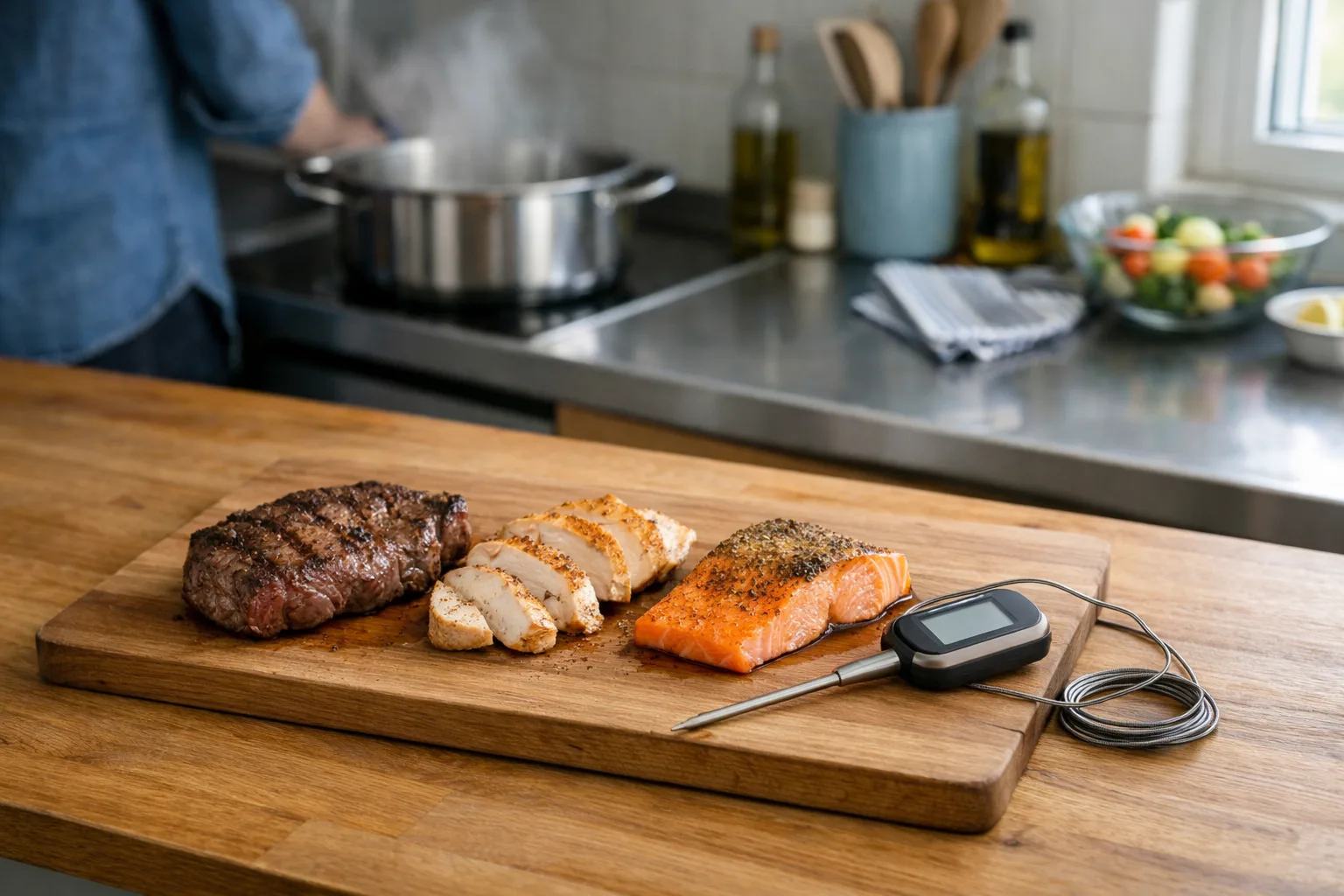 Kött, kyckling och fisk med termometer