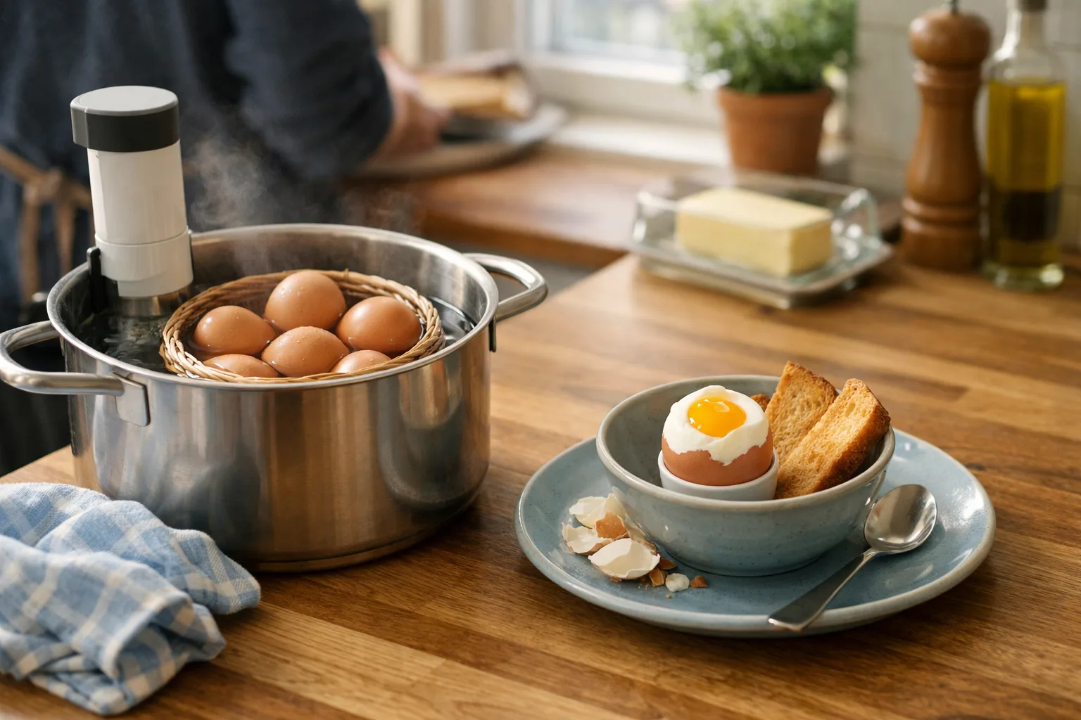 Ägg vid vattenbad och frukostskål
