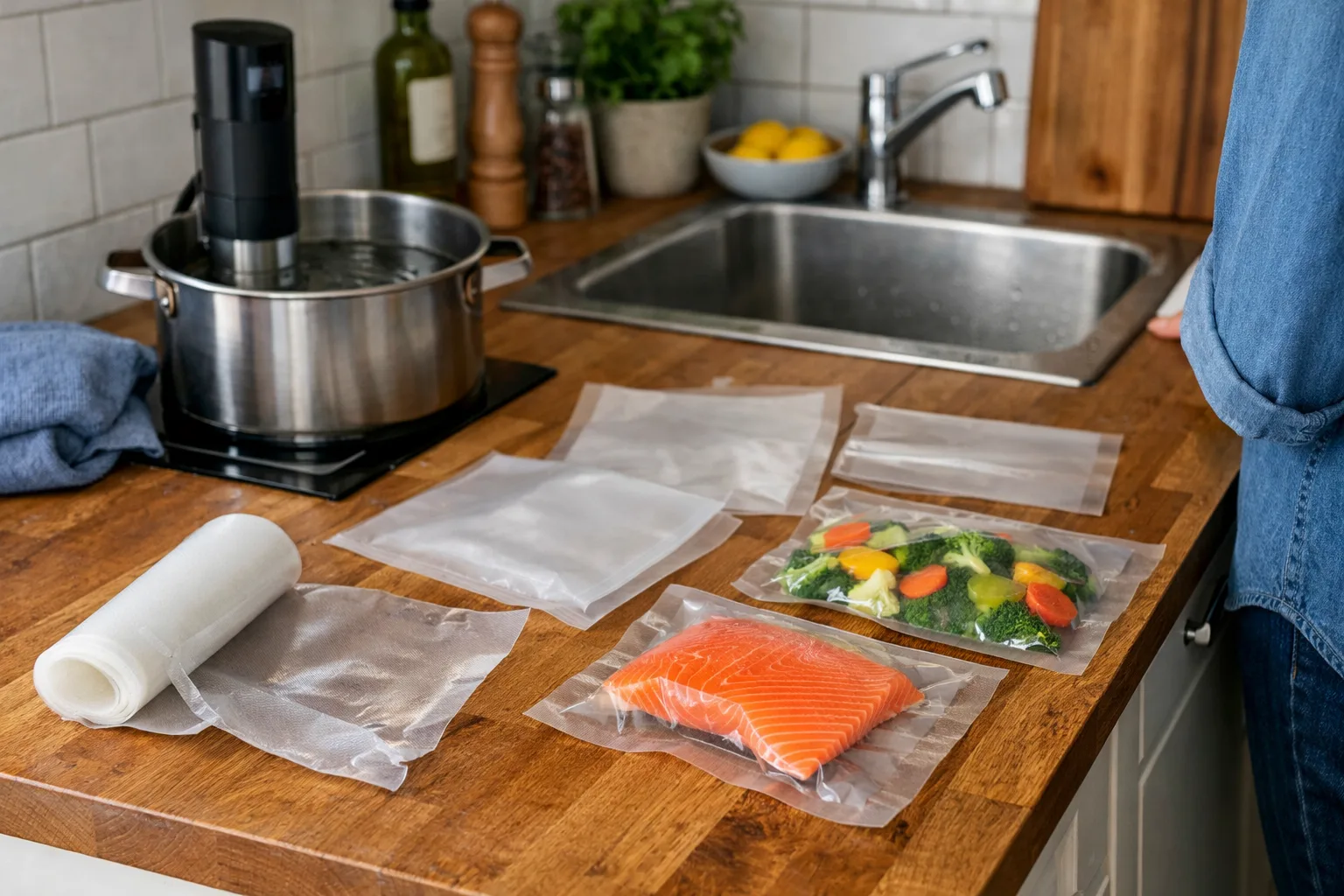 Vakuumpåsar med råvaror på en bänk